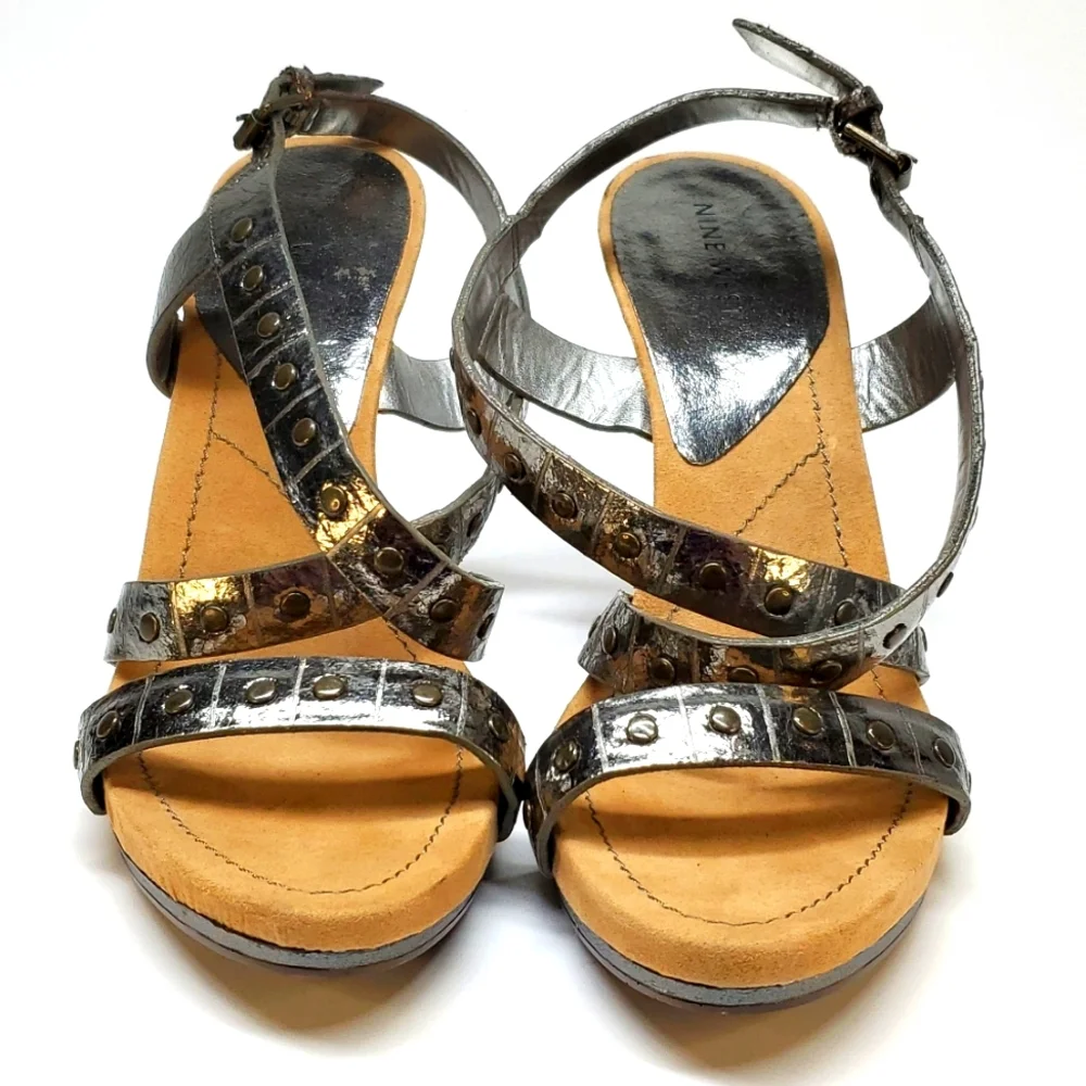 NINE WEST Dimsum Metallic Leather Ankle Strap Heeled Sandal